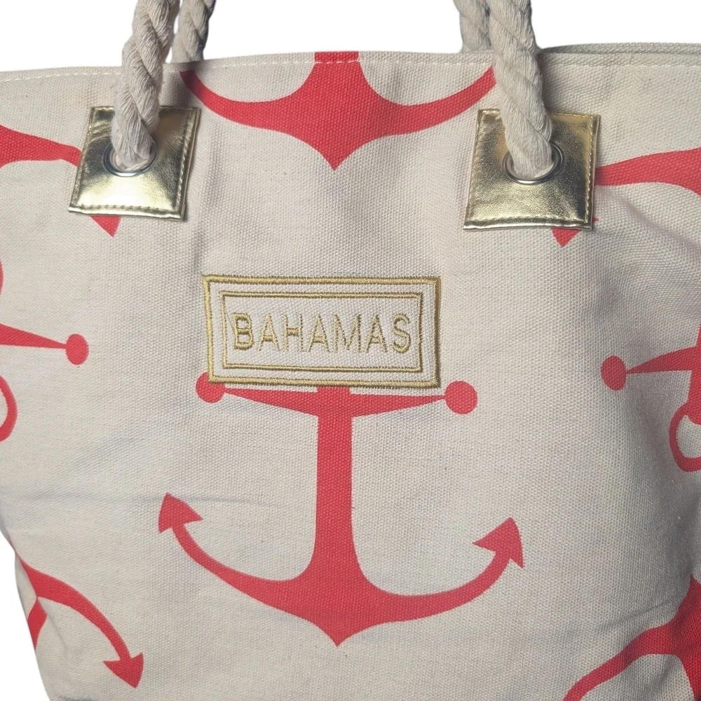 Bahamas XL Anchor Beach Tote Vacation Overnight Bag Coral Gold FLAW SEE BELOW
